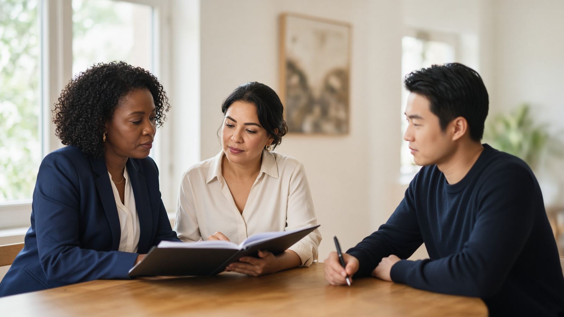 A Black attorney, a Latina client, and an East Asian colleague review a matter together at a wood table.